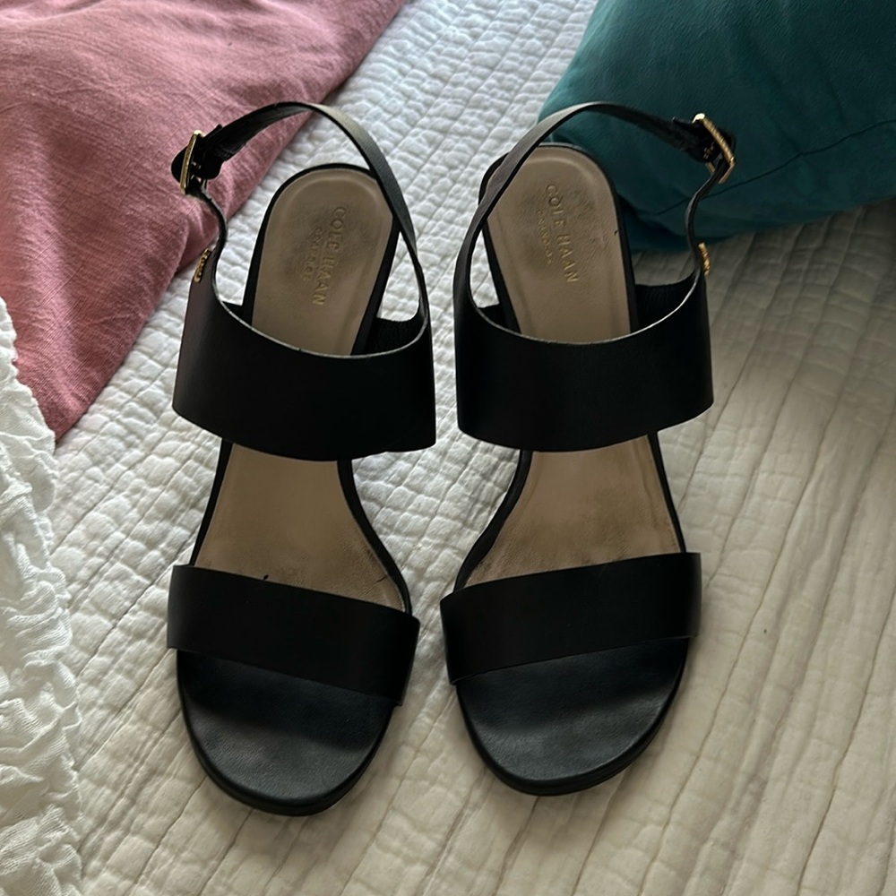 Black Cole Haan heeled sandals with ankle strap